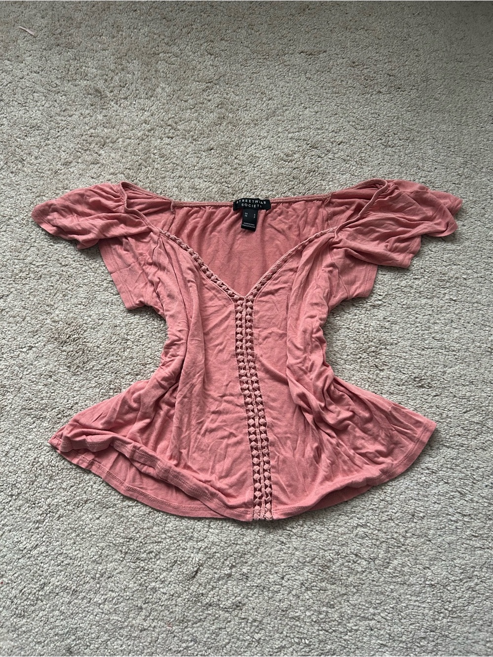 Streetwear Society Dusty Rose Crochet-Front Off-Shoulder Top